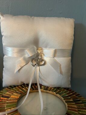 Ivory Satin Ring Bearer Pillow with Double Heart Charm